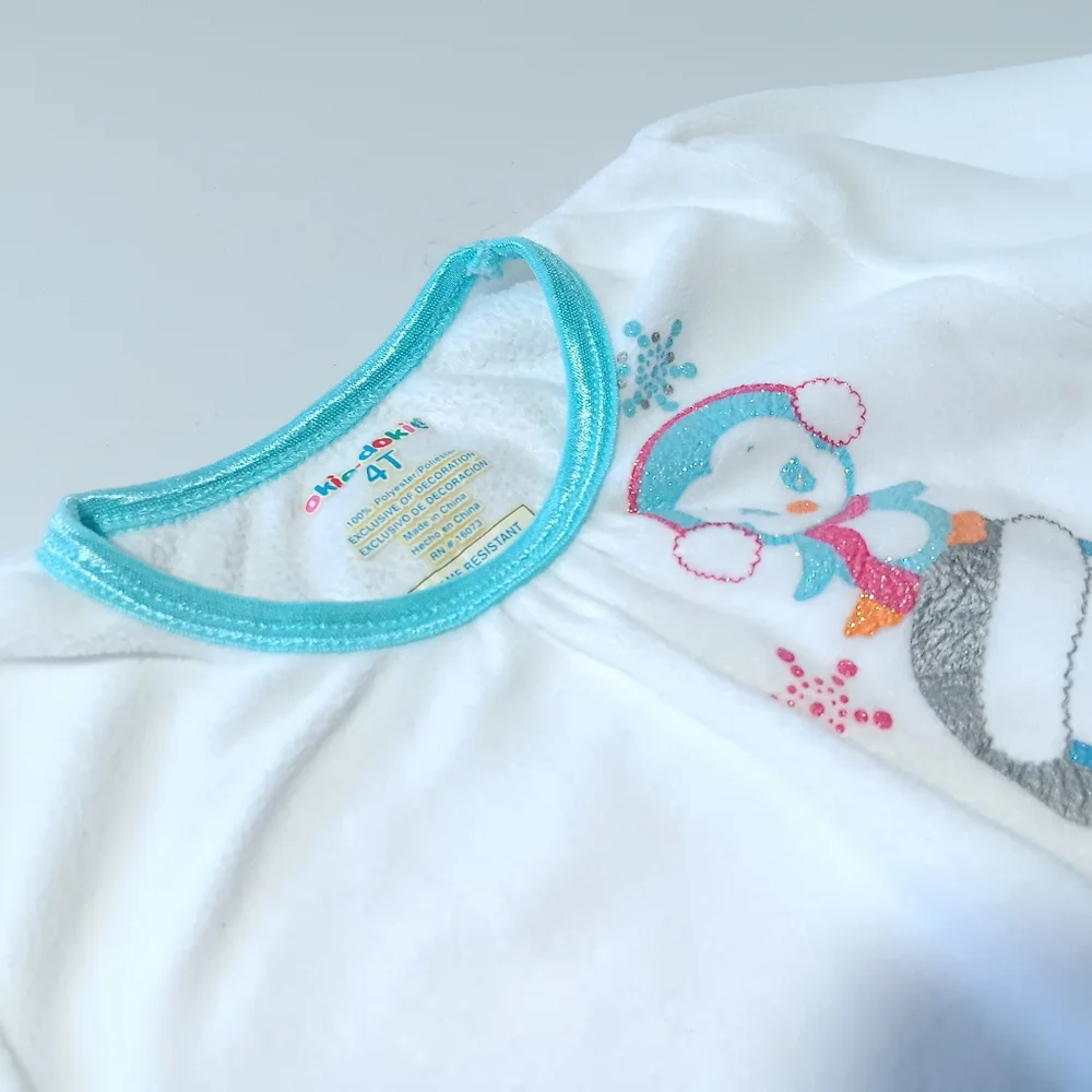 Girls' Blue And White Winter Fleece Pajamas with Penguin Design Size 4T